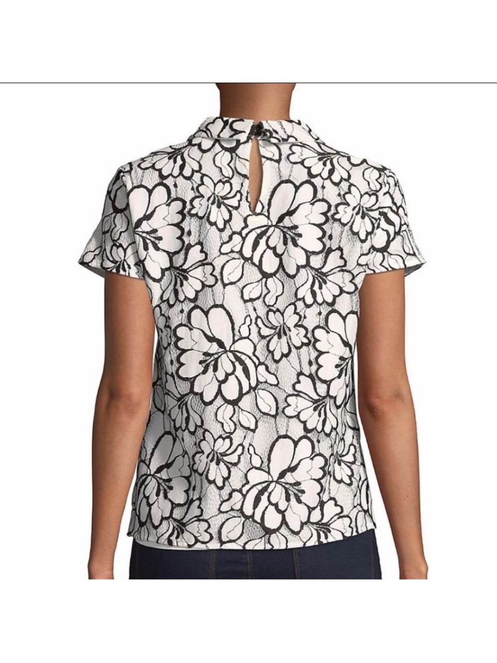 Karl Lagerfeld Paris Floral Lace Bow Collar Blouse Top White Black Size 12 - Picture 3 of 9